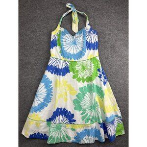 Lilly Pulitzer Dress Womens 14 White Blue Green Halter Sundress Floral Cotton